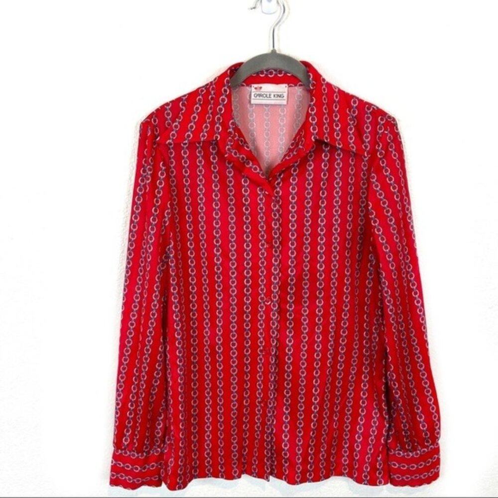 Disco Collar Top Shirt Carole King Vintage Women's sz M Red Retro Secretary Chic